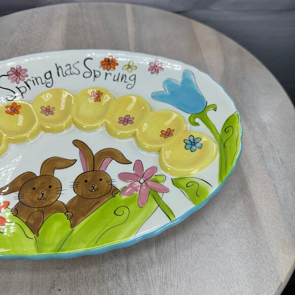 Colorful CRACKER BARREL Ceramic Egg Plate Bunny Flowers 'SPRING HAS SPRUNG' 13" - Picture 4 of 7